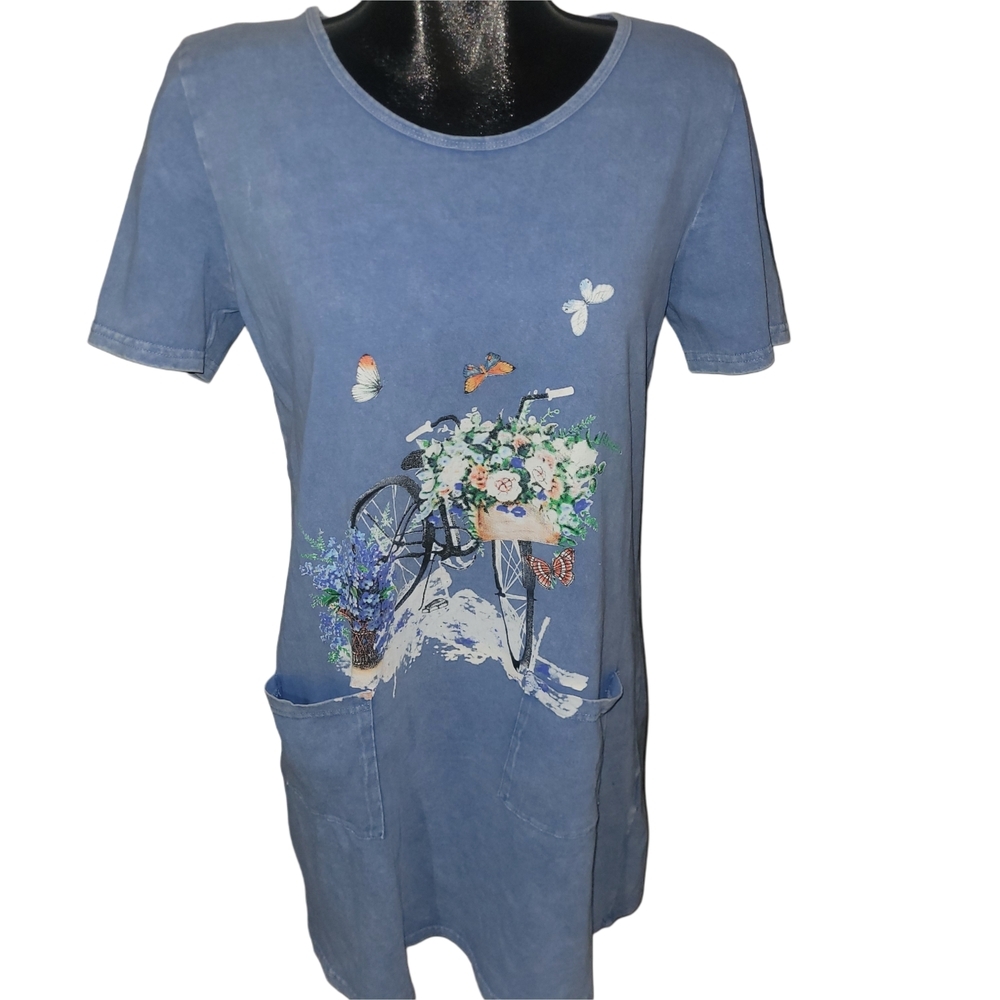 Blue Light Denim Graphic Women’s Summer A-line Shift Short Sleeve Dress M